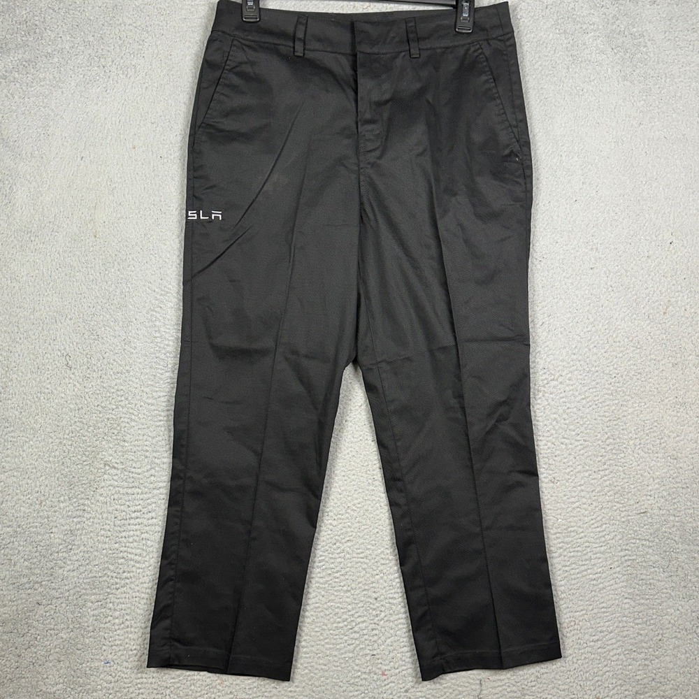 Tesla Pants Mens 34X28 Black Straight Leg Golf Chino Flat Front Logo Pocket EUC